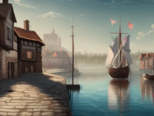 621735075-street of a poor medieval port city in wood, view on the lake, at noon, highly detailed, 4k.webp